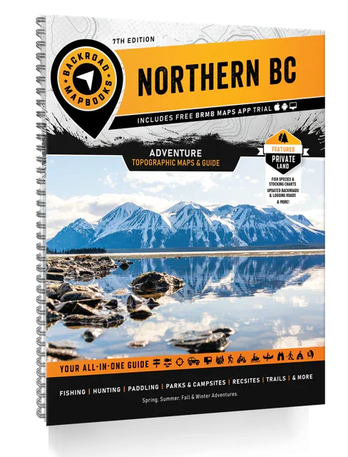 Northern BC Backroad Mapbook cover showing mountains and lake, adventure topographic maps guide.