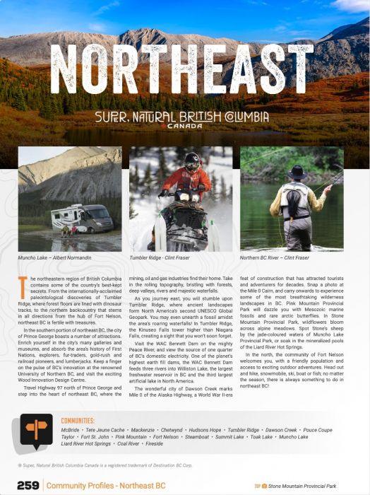 Northeast British Columbia landscape with RV at Muncho Lake, snowmobiling, and fly fishing scenes.