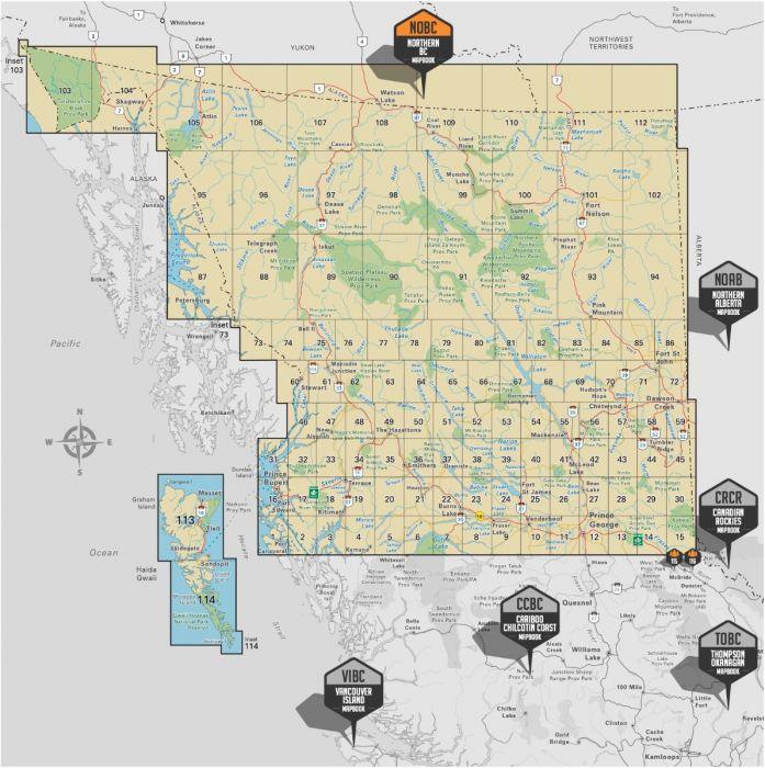 Northern BC Backroad Mapbook cover showing detailed map grid and region labels.
