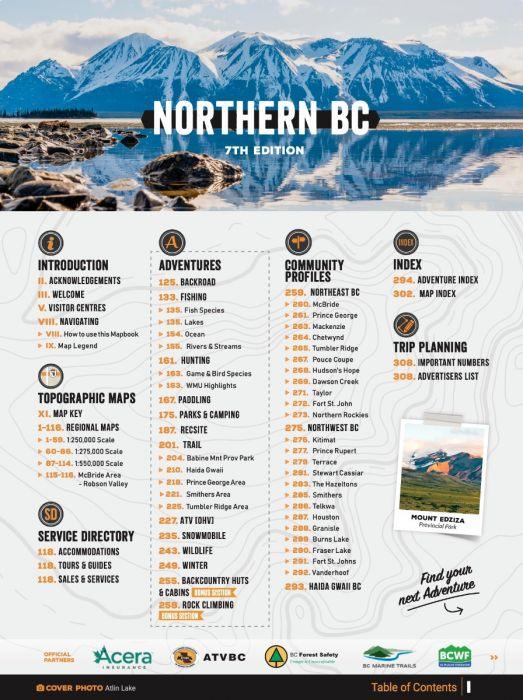 Northern BC Backroad Mapbook 7th Edition cover with mountains, lake, and contents list