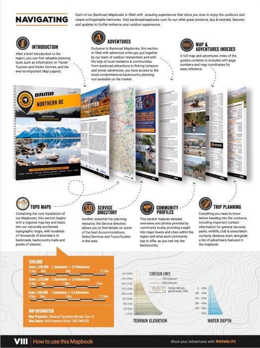 Northern BC Backroad Mapbook overview with introduction, maps, adventure indexes, and trip planning sections displayed in a layered layout.