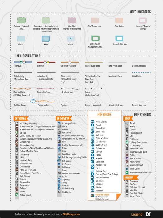 Northern BC Backroad Mapbook legend with area indicators, line classifications, trail, water, fish species, and map symbols.