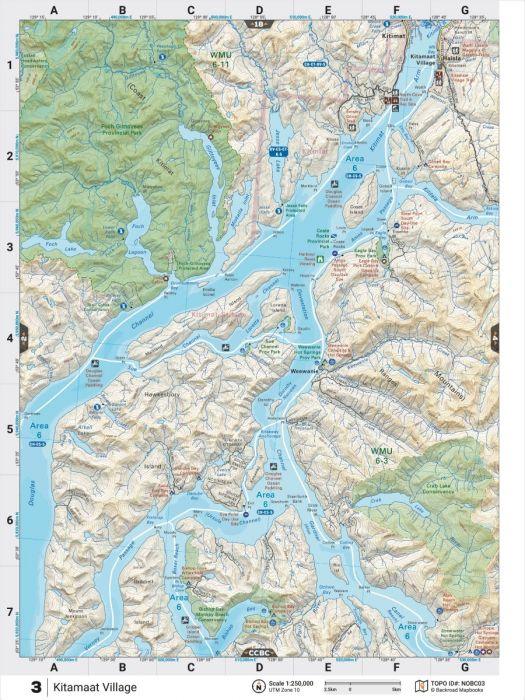 Northern BC backroad topographic map showing Kitamaat Village, rivers, mountains, and park areas