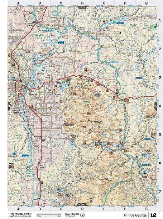 Prince George area topographic backroad map with roads, trails, rivers, and WMU boundaries