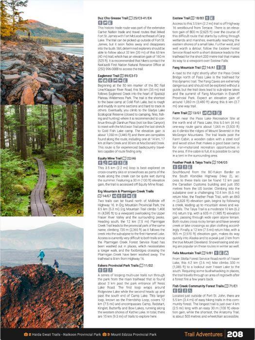 Northern BC Backroad Mapbook page with trail descriptions, scenic landscape photos, and hiking paths