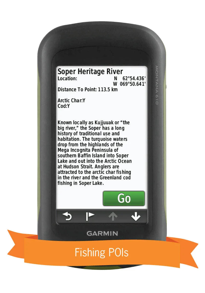 Garmin GPS device displaying Soper Heritage River fishing POI in Northern Canada