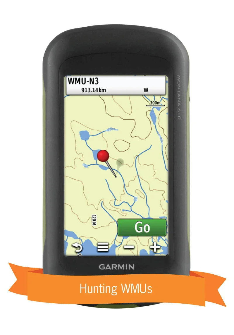 Garmin GPS displaying Northern Canada hunting WMUs map with navigation pin and Go button