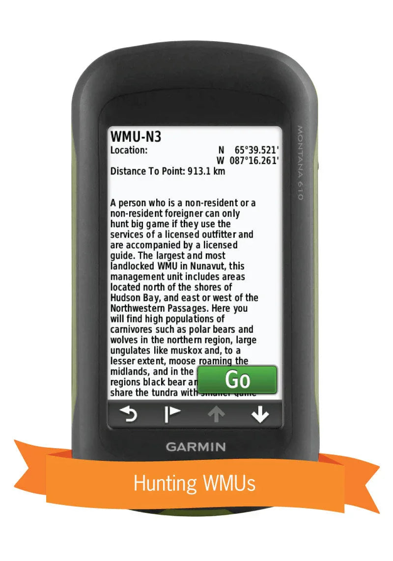 Garmin GPS displaying Northern Canada hunting WMU information with navigation details