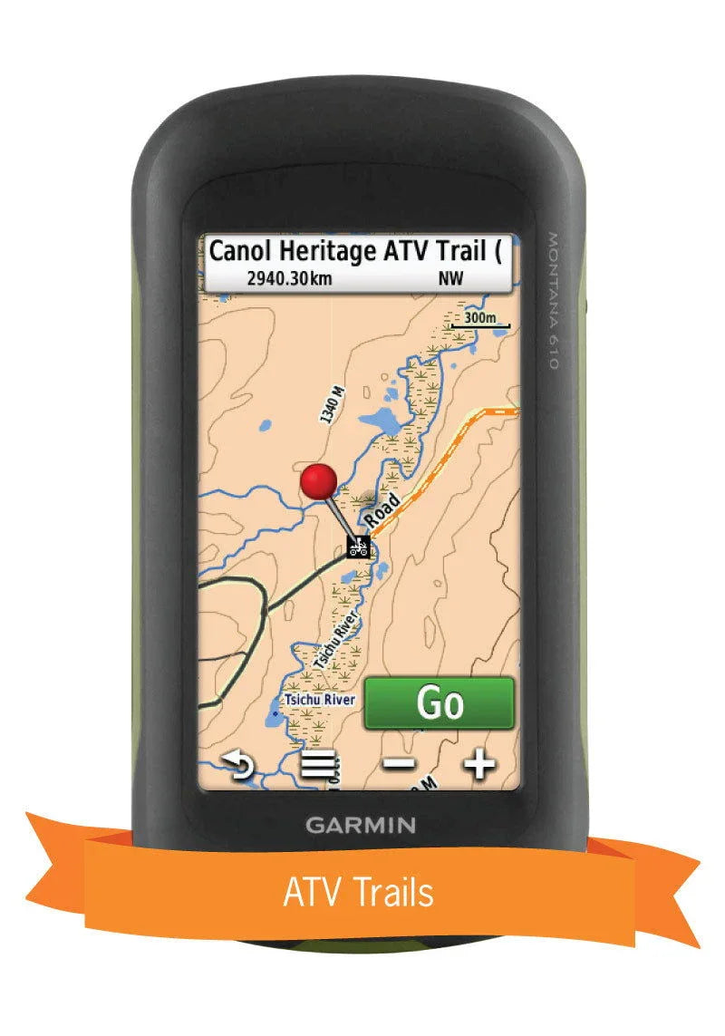 Garmin GPS displaying Canol Heritage ATV Trail map in Northern Canada with ATV trails banner