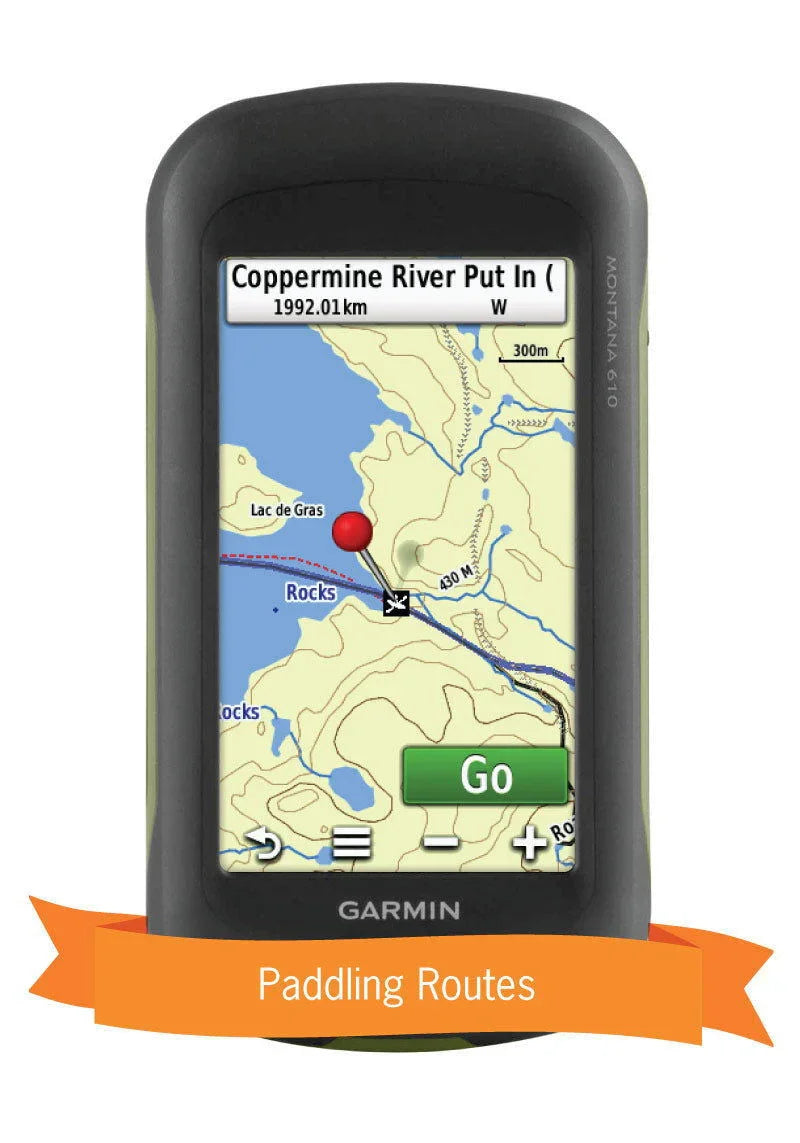 Garmin GPS showing Northern Canada paddling routes map with Coppermine River location.