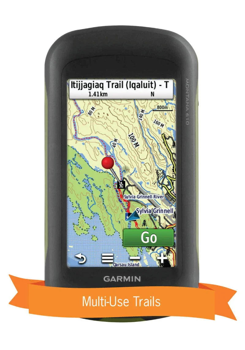 Garmin GPS displaying Iqaluit Itijjagiaq Trail map with multi-use trails banner