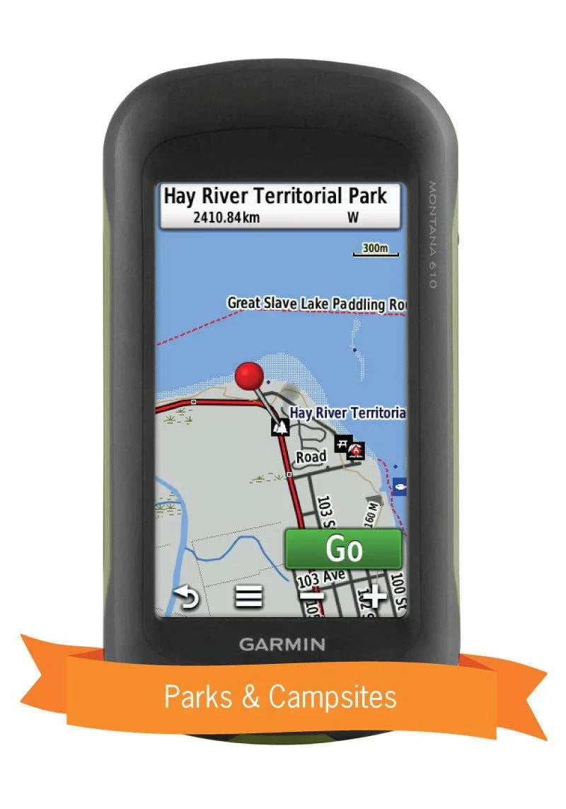 Garmin GPS displaying Hay River Territorial Park map with parks and campsites banner