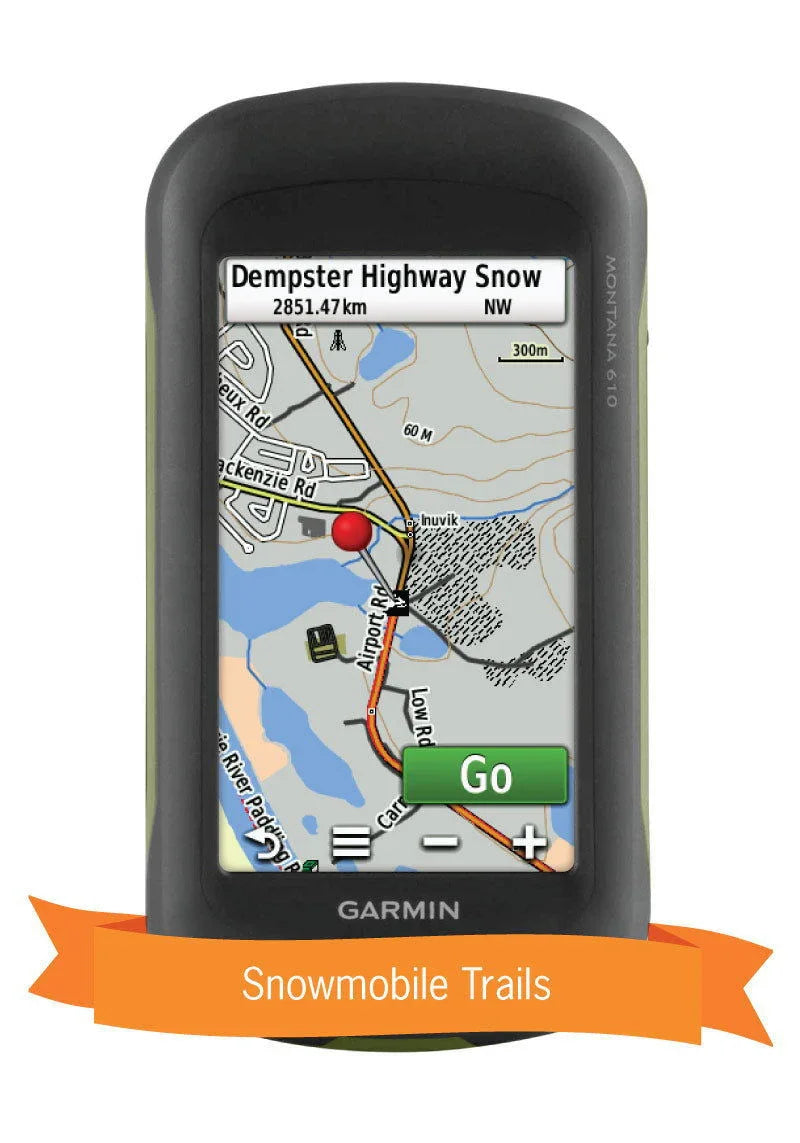Garmin GPS displaying Dempster Highway Snow map with snowmobile trails banner