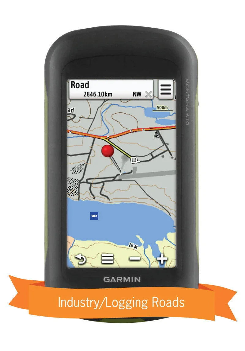 Garmin GPS with Northern Canada map showing industry and logging roads, lakes, and topography.