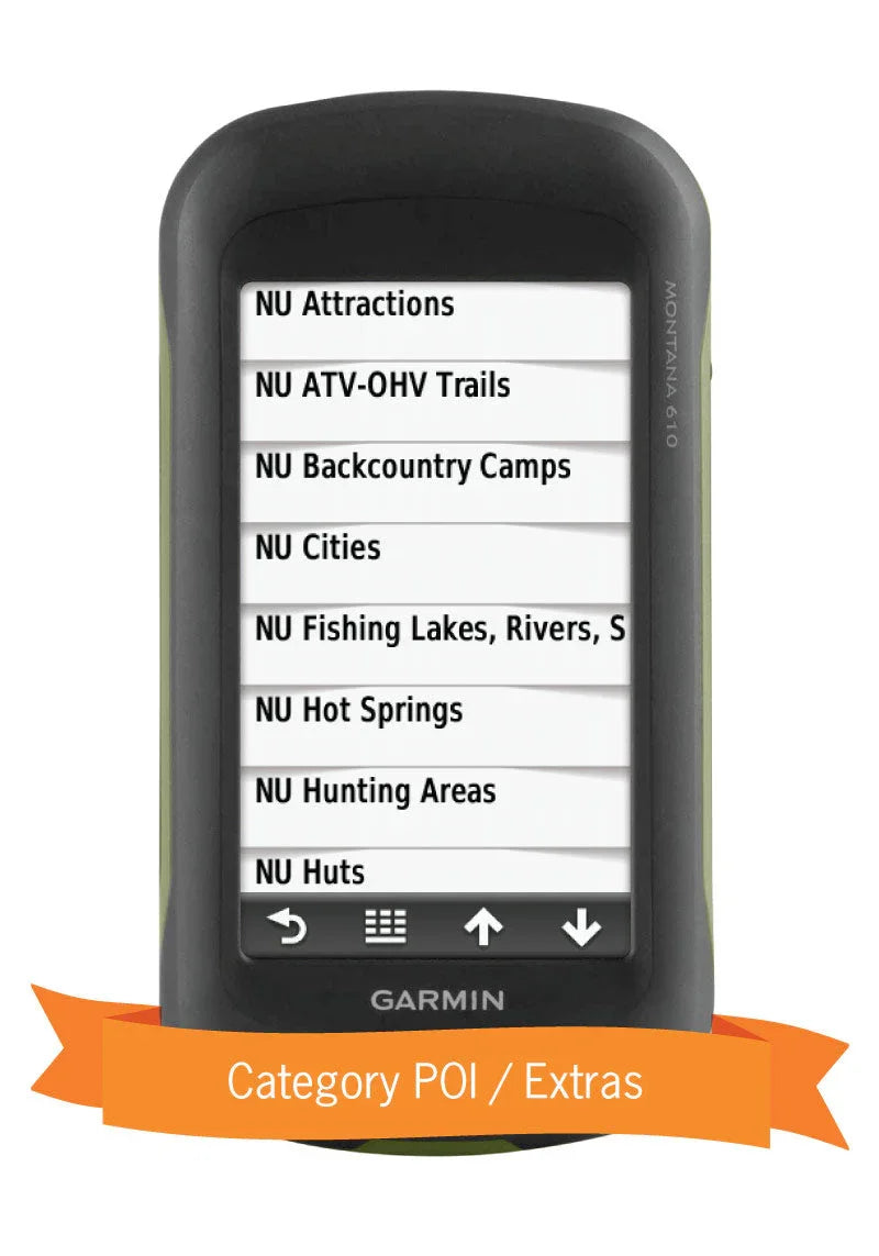 Garmin Montana 610 GPS displaying Northern Canada POI categories, outdoor navigation