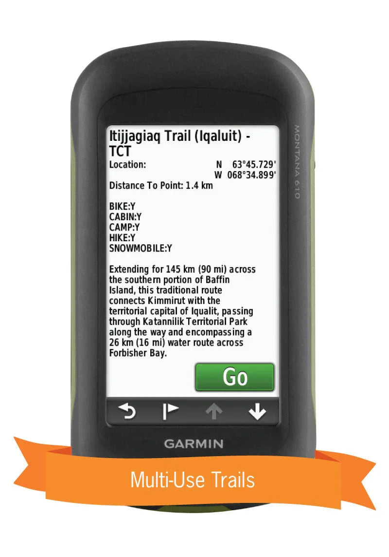 Garmin GPS device showing Itijjagiaq Trail Iqaluit info, multi-use trails banner