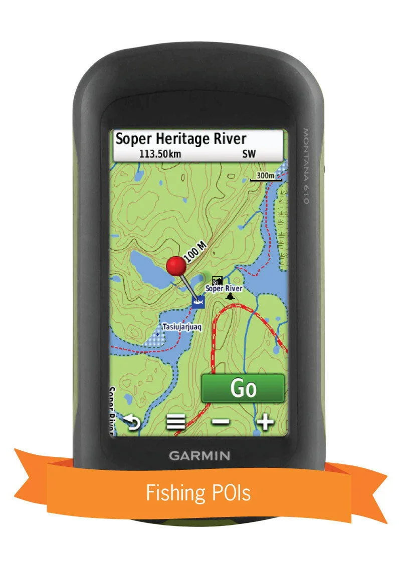 Garmin GPS device displaying Northern Canada fishing map with Soper Heritage River point