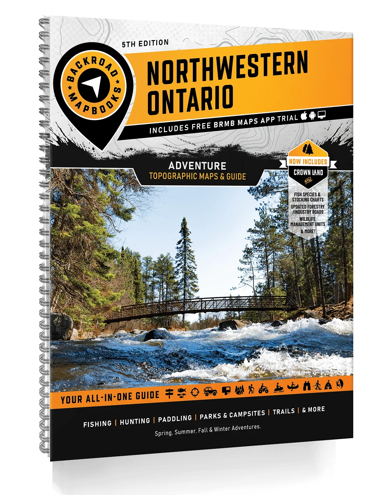 Northwestern Ontario Backroad Mapbook cover showing river, bridge, trees, and adventure guide text