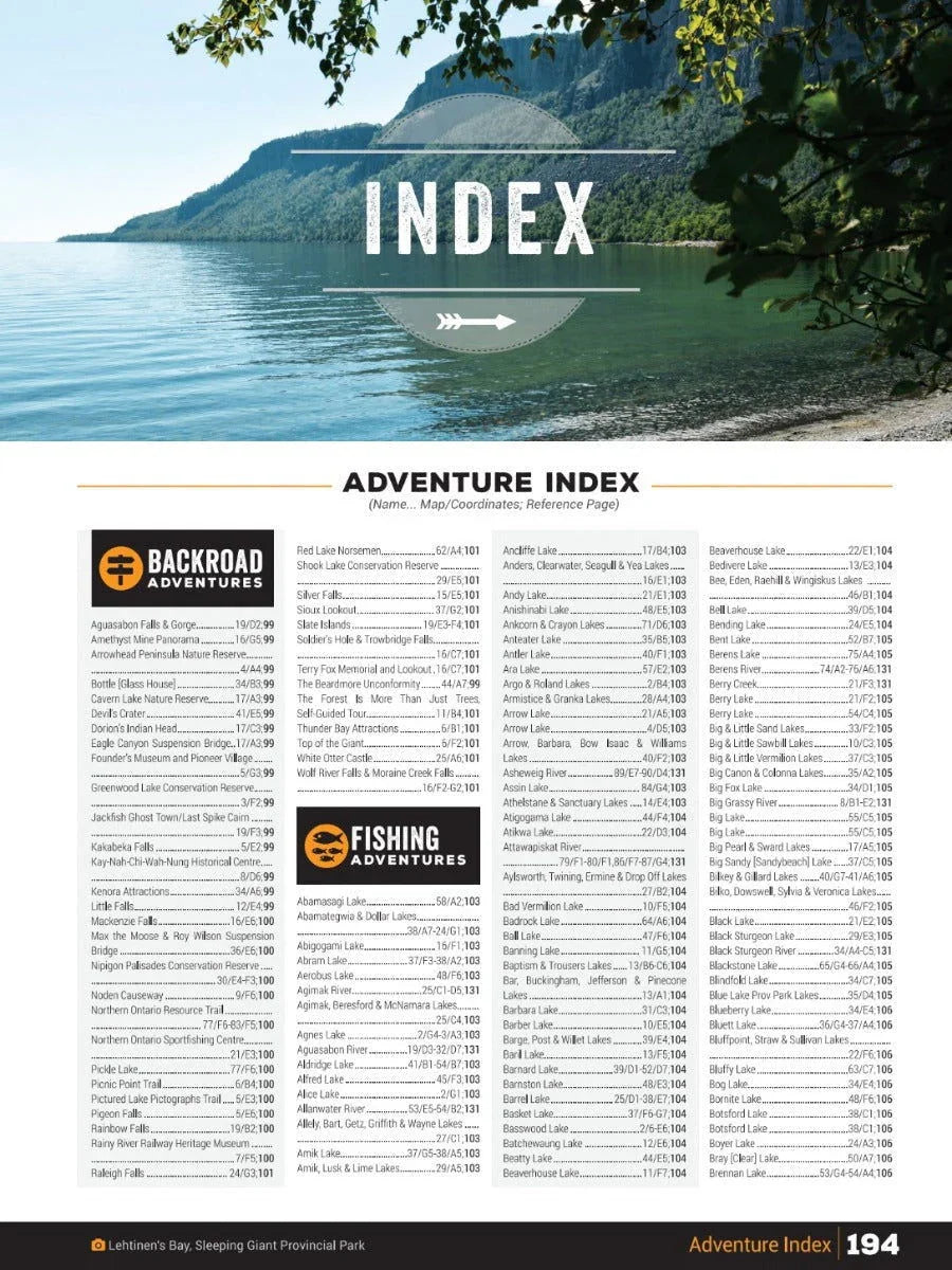 Northwestern Ontario Backroad Mapbook index page with lake and forest scenic view