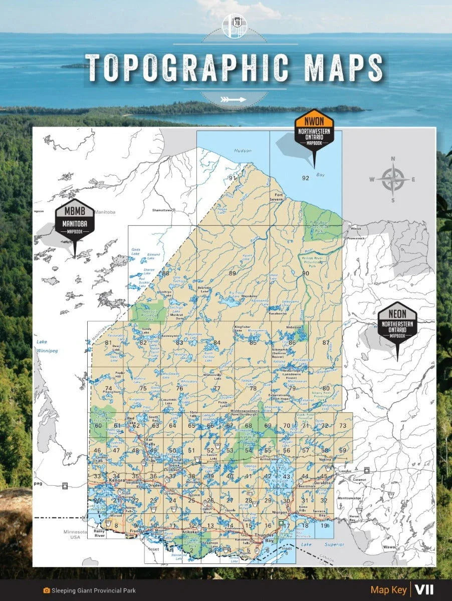 Northwestern Ontario backroad mapbook cover with topographic map and lake background