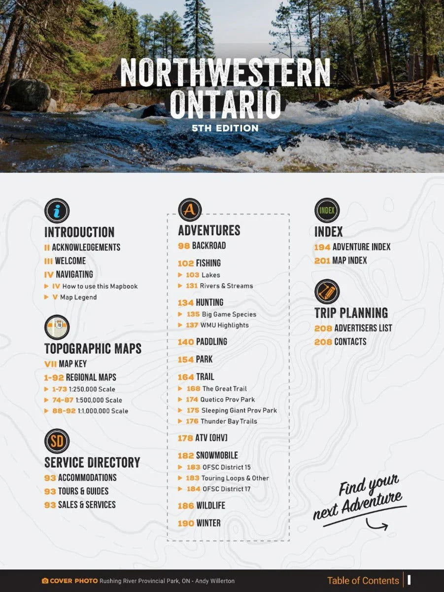Northwestern Ontario Backroad Mapbook cover with river, pine forest, adventure guide contents