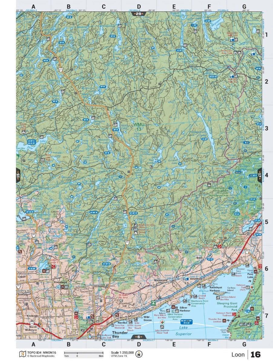 Northwestern Ontario backroad map showing highways, lakes, Thunder Bay, and Lake Superior.