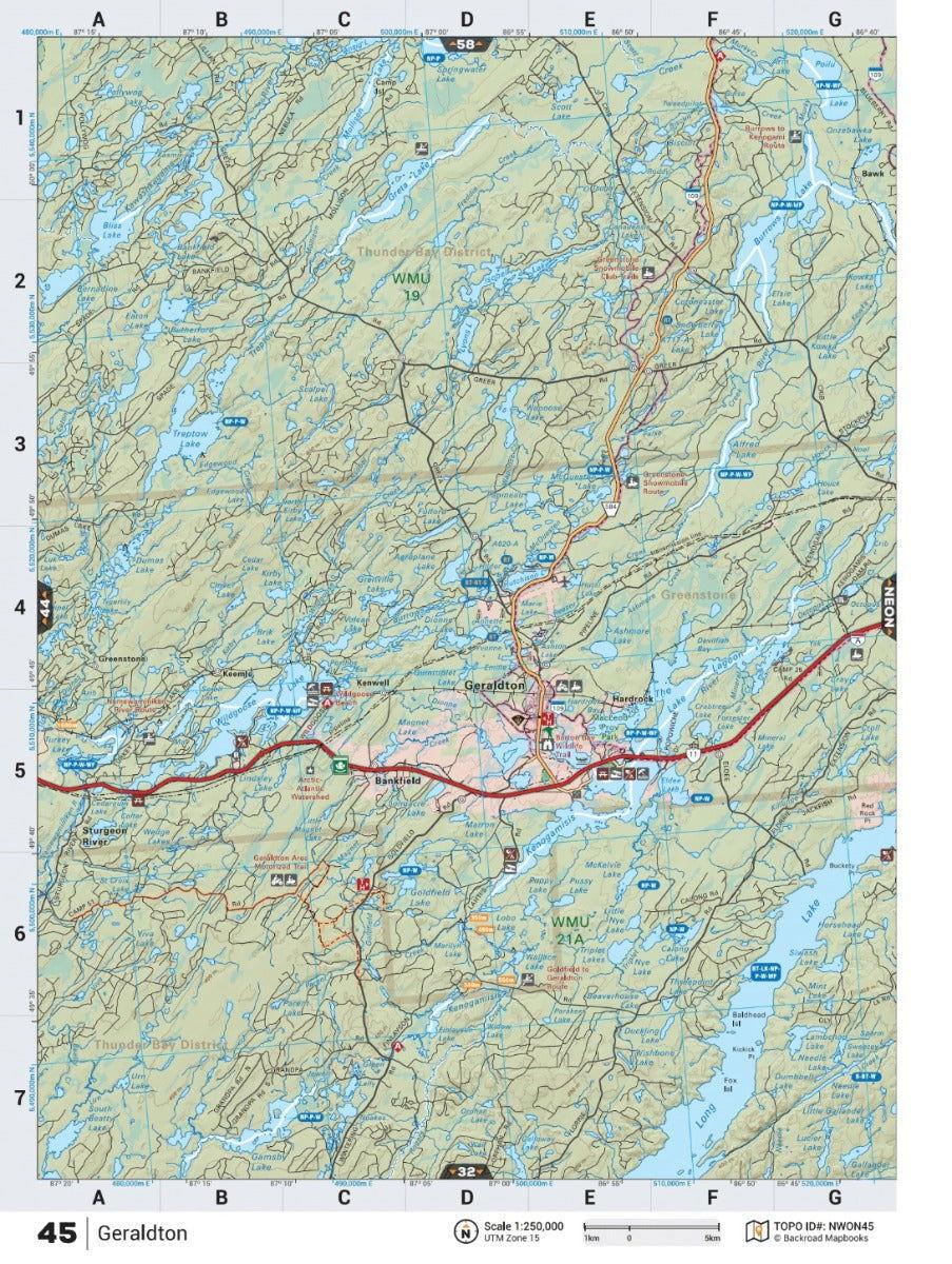 Northwestern Ontario backroad map showing Geraldton, highways, lakes, and topographic details