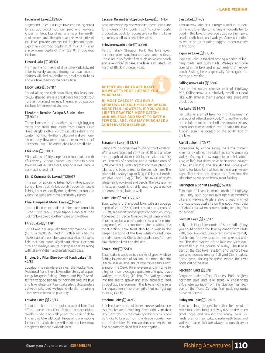 Page from Northwestern Ontario Backroad Mapbook showing detailed lake fishing descriptions and tips.