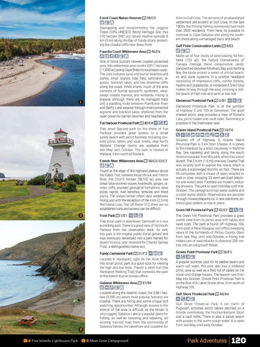 Nova Scotia backroad mapbook page with park listings, beach, lighthouse, and coastal cliffs.