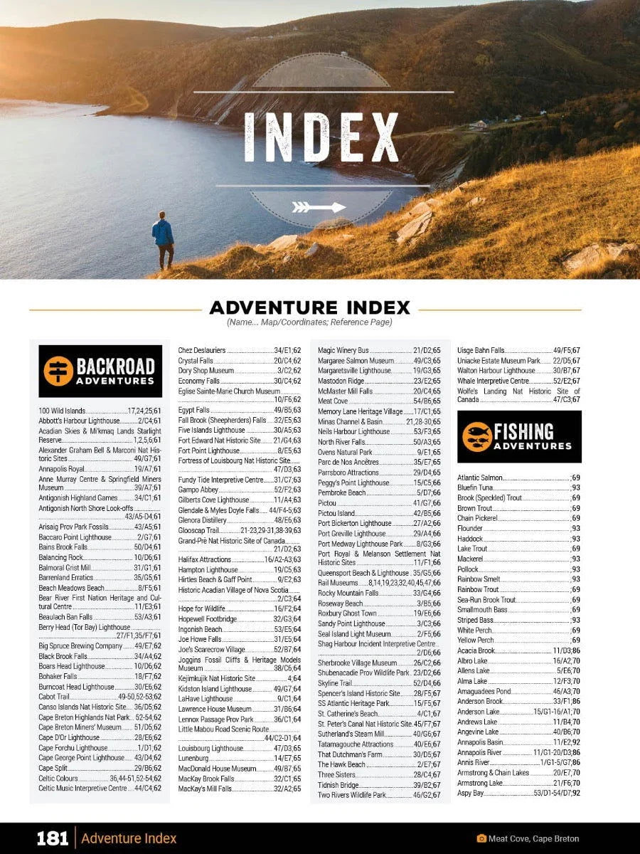 Person overlooking scenic coastal cliffs at Nova Scotia, Backroad Mapbook adventure index page