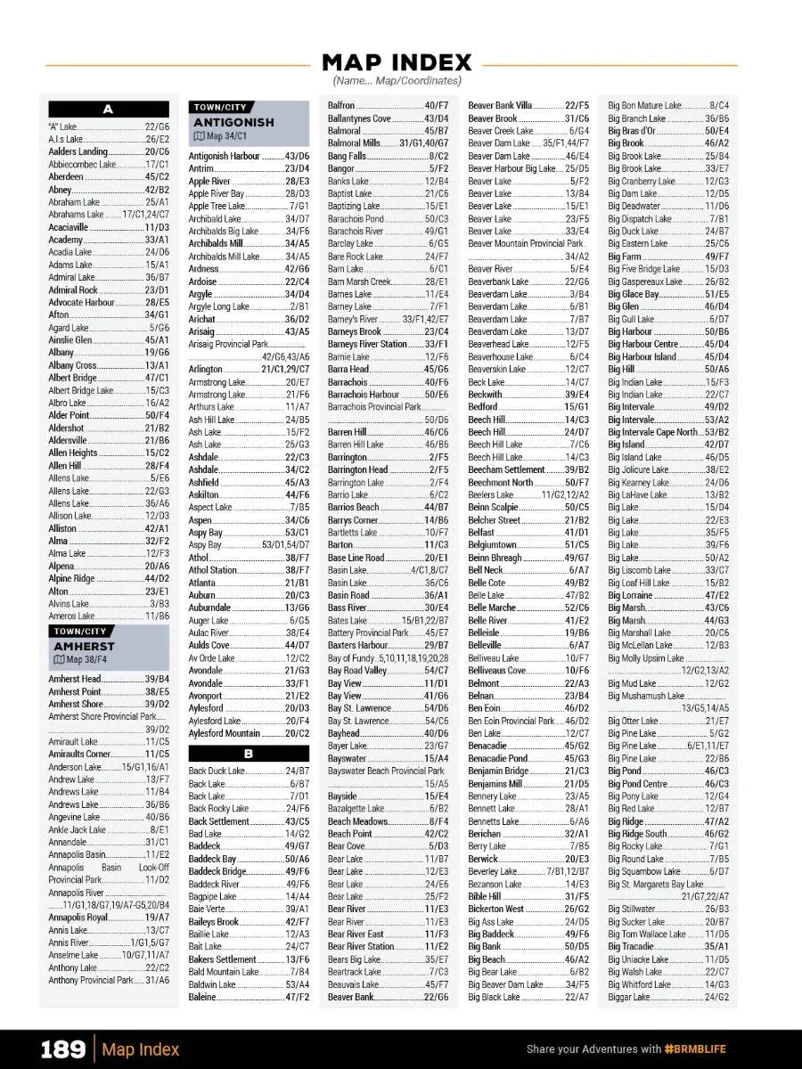 Nova Scotia Backroad Mapbook map index page listing lakes, towns, and coordinates alphabetically.