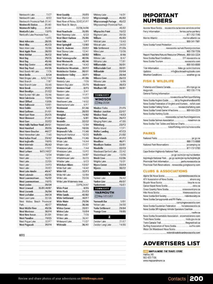 Nova Scotia Backroad Mapbook index page with lake names, important numbers, parks, and clubs.