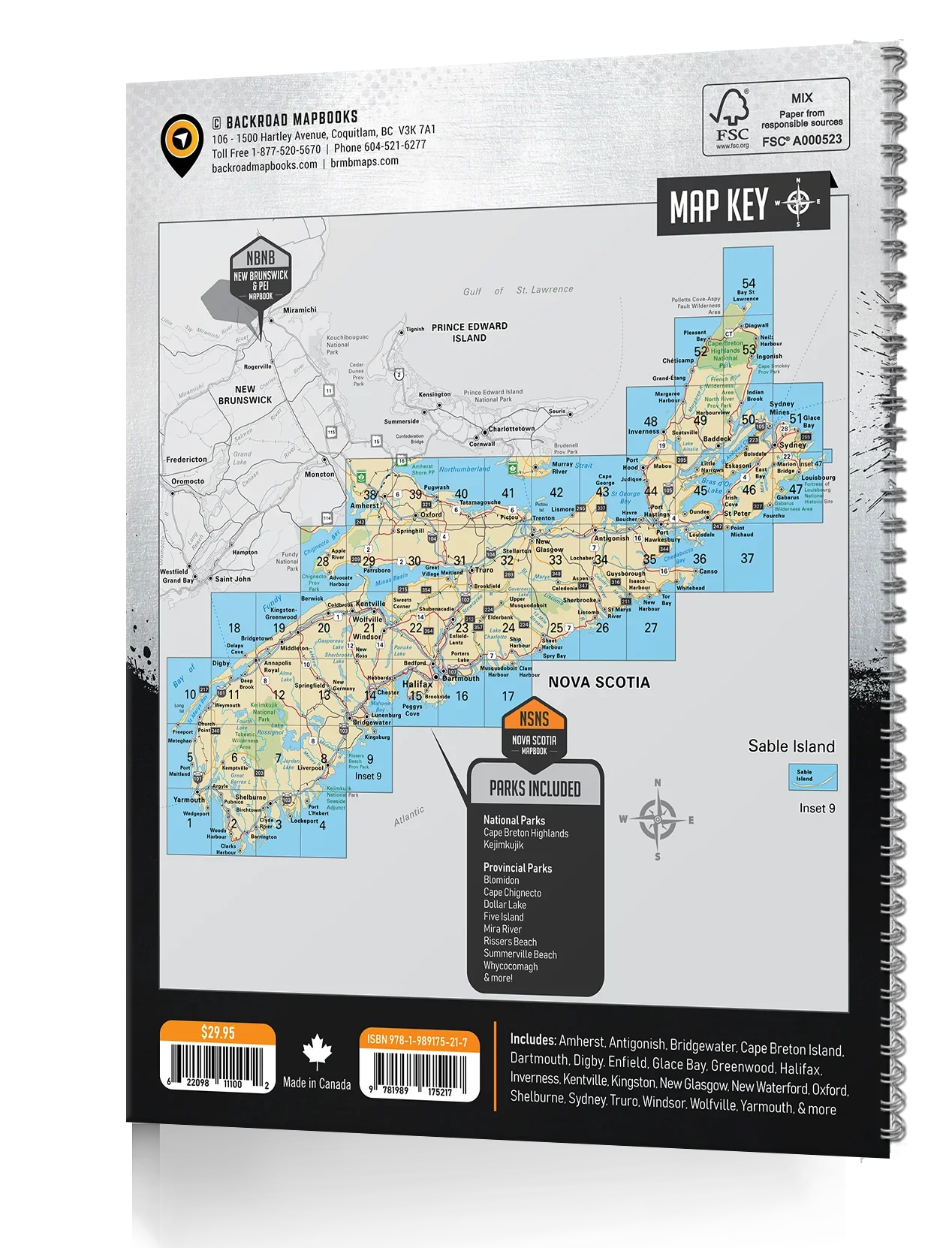 Nova Scotia backroad mapbook cover showing detailed highway routes, parks, and map key.