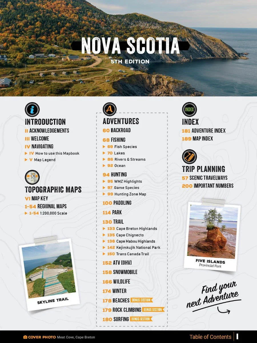 Nova Scotia Backroad Mapbook cover featuring coastal cliffs, mapbook content, and adventure guide.