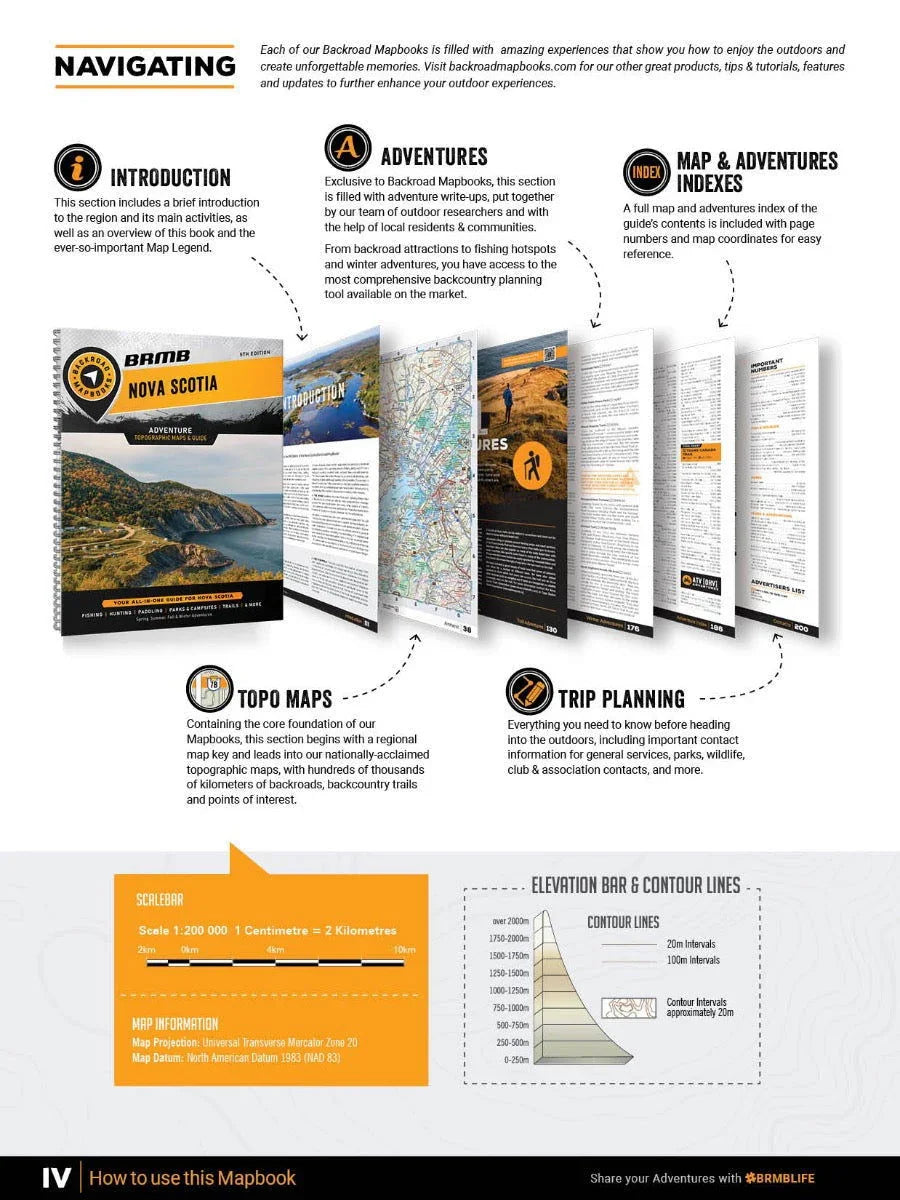 Nova Scotia Backroad Mapbook guide overview with introduction, topo maps, trip planning, adventures, map index, scale bar, and contour line info.