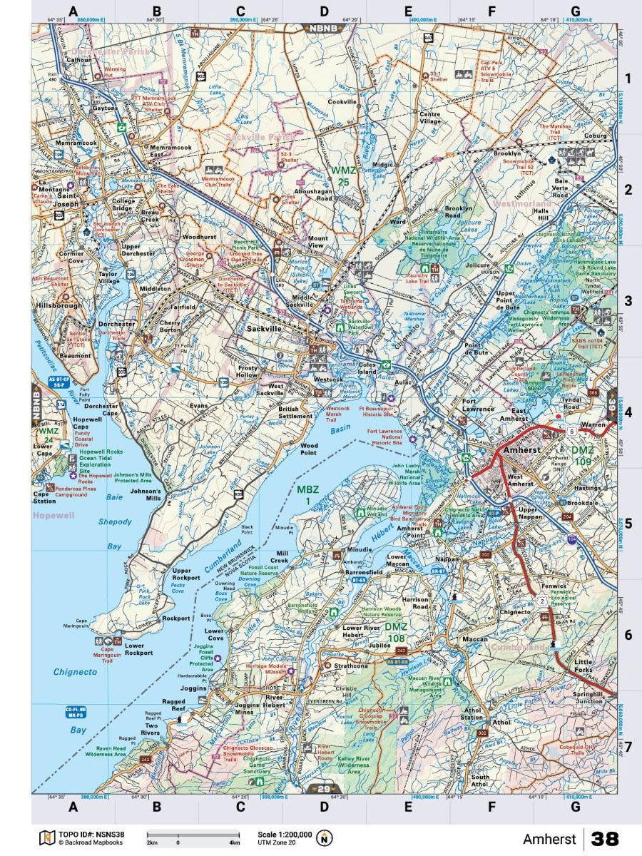 Nova Scotia backroad map featuring Amherst, Sackville, highways, rivers, and topographic detail