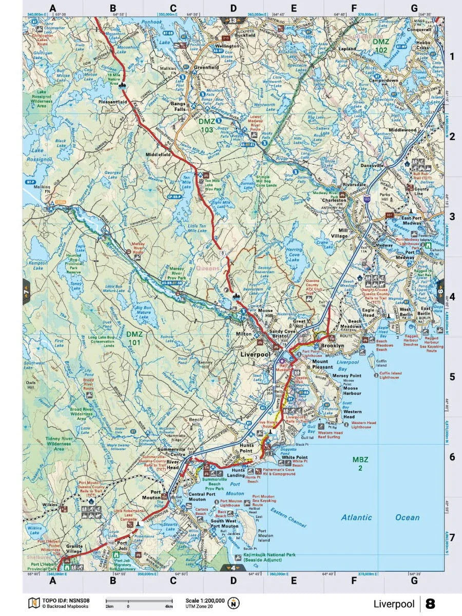 Nova Scotia backroad map showing Liverpool region, lakes, parks, roads, and Atlantic coast.