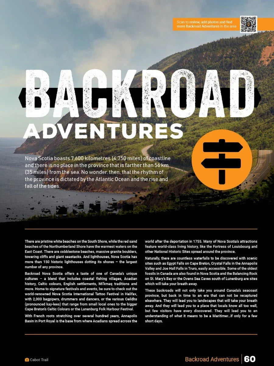 Nova Scotia Backroad Mapbook cover showing winding coastal road, forested hills, and 'Backroad Adventures' title.