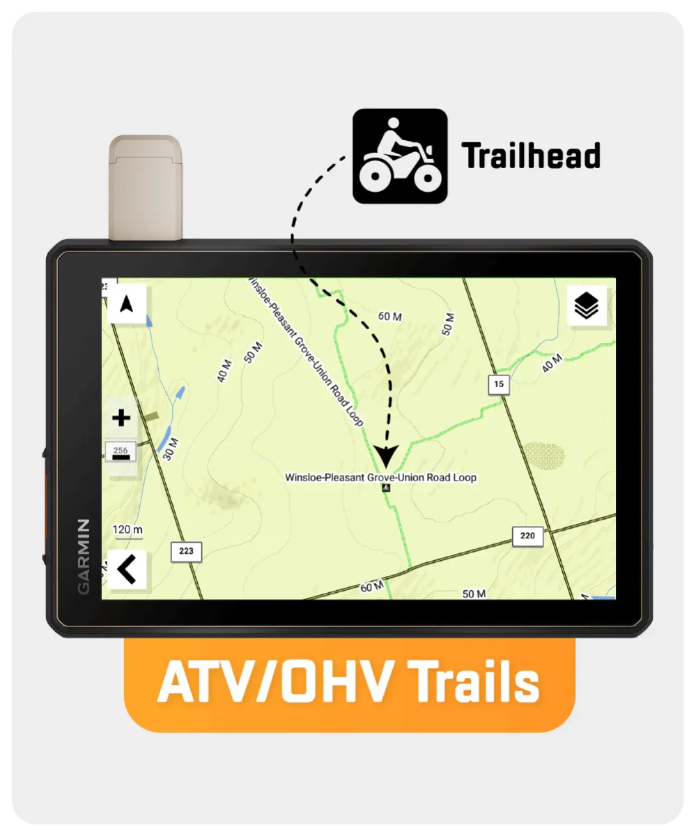 Garmin GPS displaying Nova Scotia ATV OHV trails map with trailhead marker