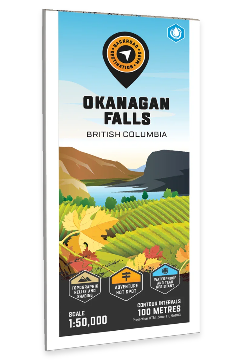 Okanagan Falls BC destination map cover showing vineyard, lake, hills, and map features icons.