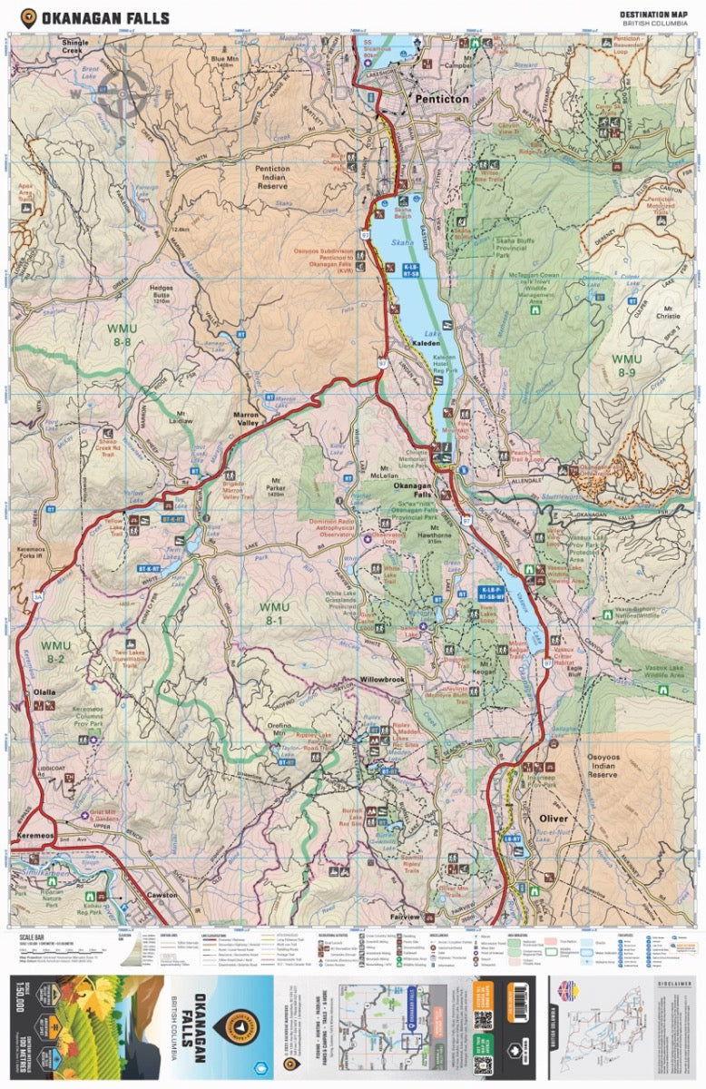 Okanagan Falls BC destination map showing roads, lakes, parks, and geographic features.