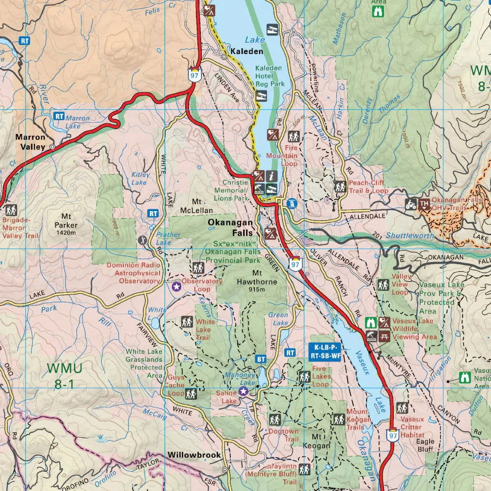 Okanagan Falls BC destination map with parks, lakes, hiking trails, and provincial parks.