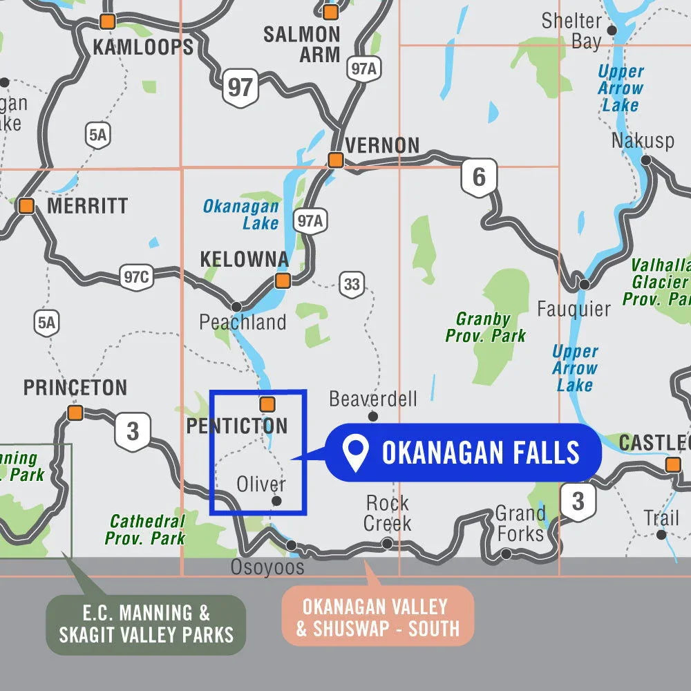 Map highlighting Okanagan Falls near Penticton, Oliver, and Osoyoos in British Columbia.