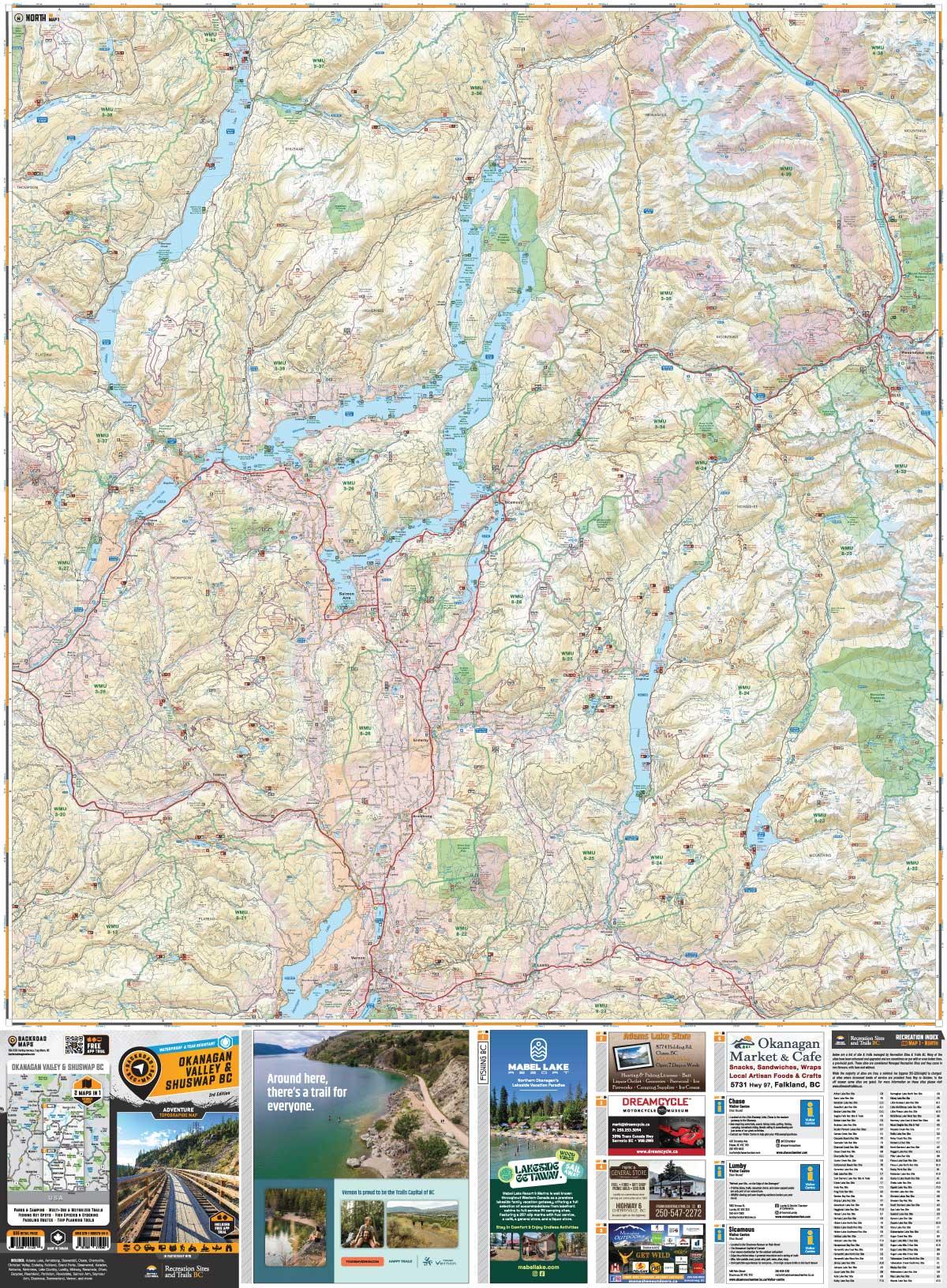 Detailed topographic map of Okanagan Valley and Shuswap BC with lakes and local business ads