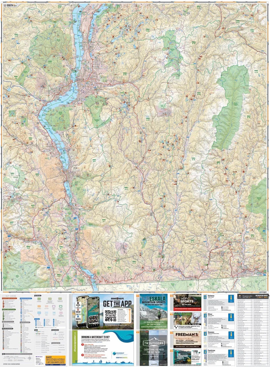 Topographic map of Okanagan-Similkameen region with lakes, roads, parks, and map legend.