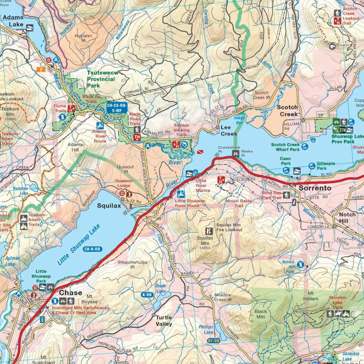 Detailed map of Little Shuswap Lake, Chase, Sorrento, and Tsútswecw Provincial Park