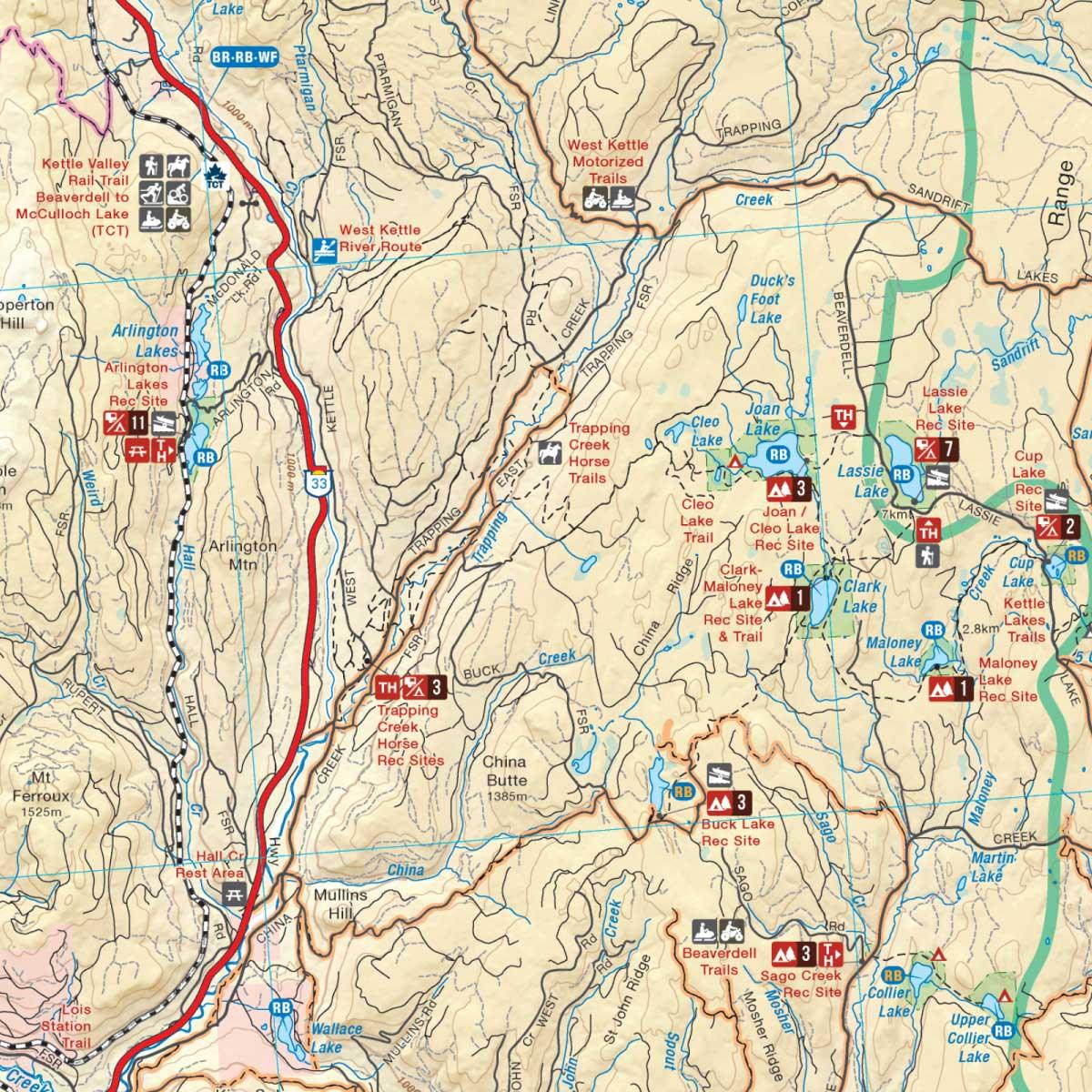 Outdoor recreation map showing lakes, hiking trails, campsites, rec sites, and trailheads in Okanagan region.