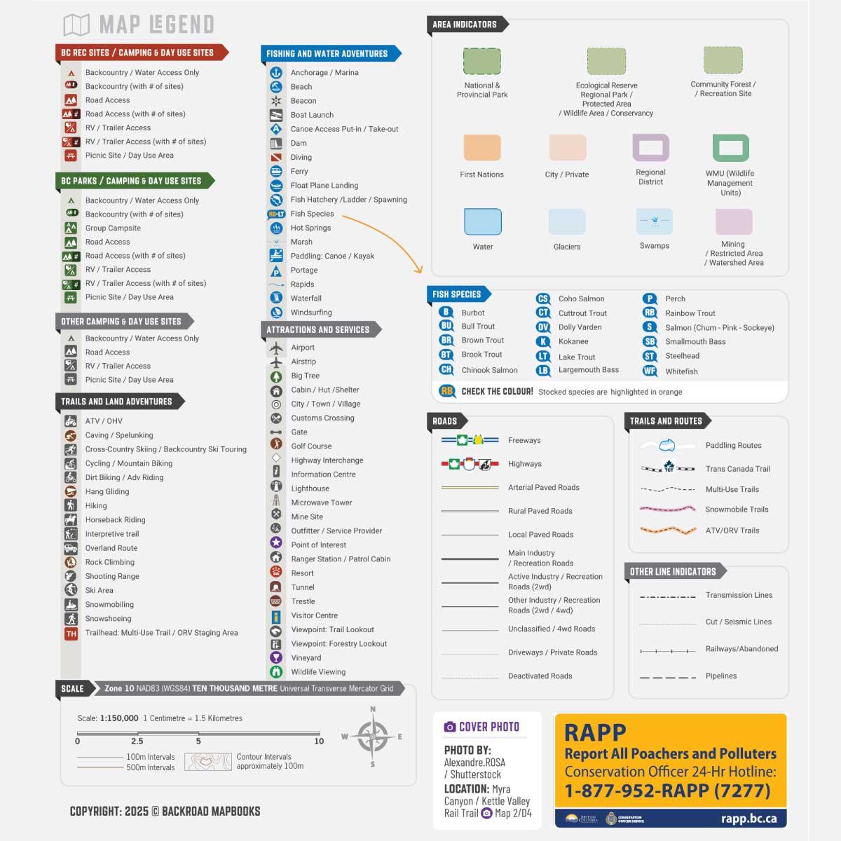 BC outdoor recreation map legend with icons for trails, campsites, fishing, parks, and area indicators.