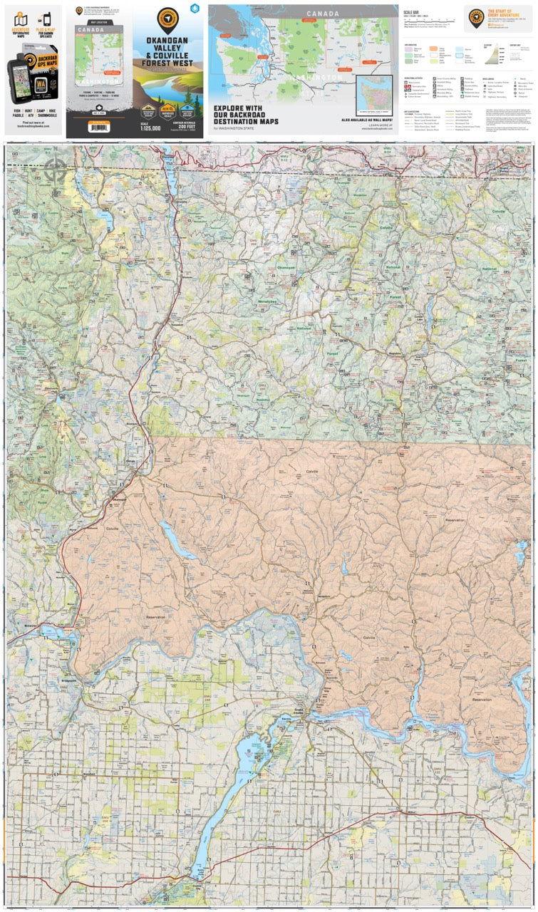 Okanogan Valley and Colville Forest West Washington State destination map with routes and terrain details