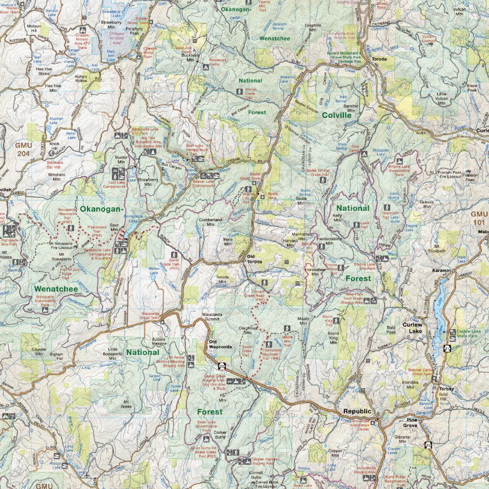 Okanogan Valley Colville National Forest destination map, featuring Wenatchee, Republic, Curlew Lake and roads in West Washington State.